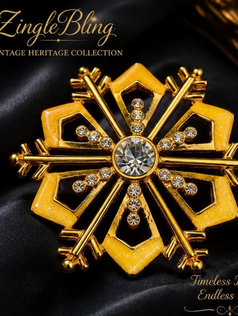 Vintage Yellow Enamel Rhinestone Snowflake Starburst Brooch Gold Tone
